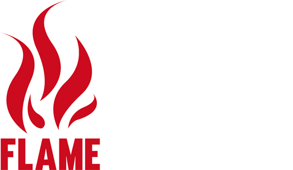 Flame International logo: dark red flame symbol above the word ‘Flame’.