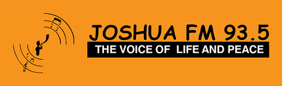 Logo for ‘Joshua FM 93.5, the voice of life and peace’: black text on a marigold yellow ground with a symbol of musical notes emanating from a figure of Joshua blowing a horn.