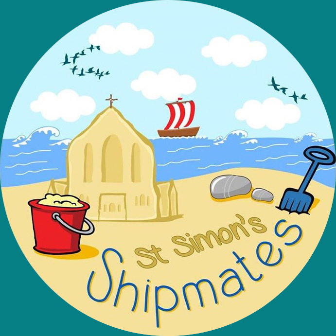 St Simon’s Shipmates logo depicting a bucket and spade and a sand ‘castle’ in the form of St Simon’s church, on a beach, with a Viking ship on the horizon of the sea in the background. Flocks of geese are flying across a blue sky with clouds.